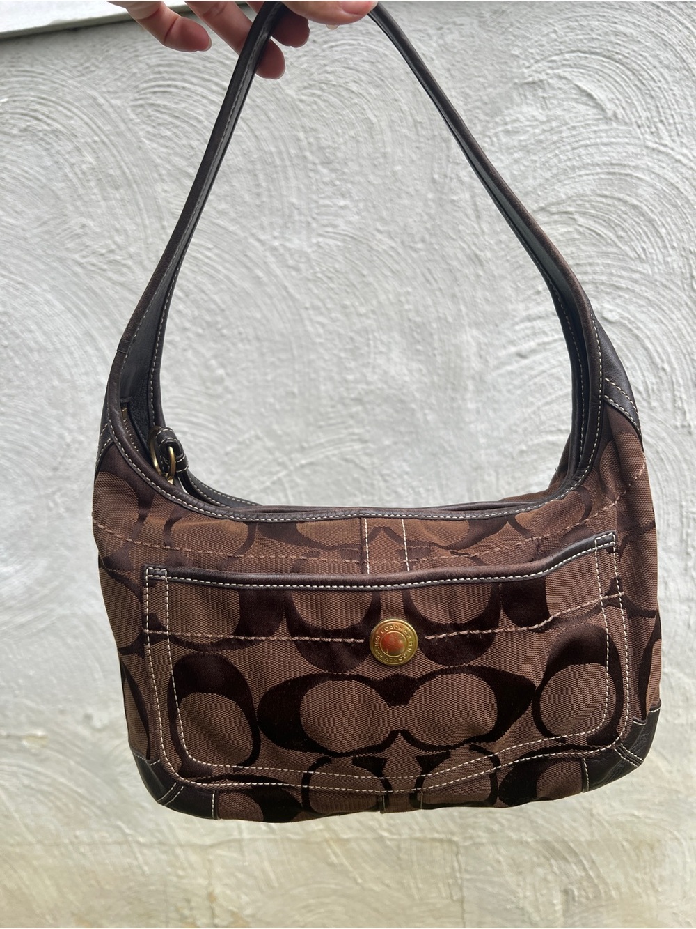 Y2K Coach Jacquard Signature Canvas Hobo Dark Brown Trim & Shoulder Bag Strap